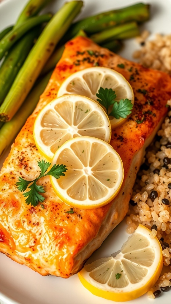 Oven-Baked Salmon with Lemon and Herbs Baked salmon fillet garnished with lemon and parsley on a plate with vegetables and quinoa.